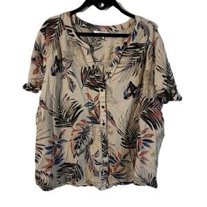 CJ Banks Linen Blend Top Womens 3X Shirt Floral Botanical Short Sleeve Button Up
